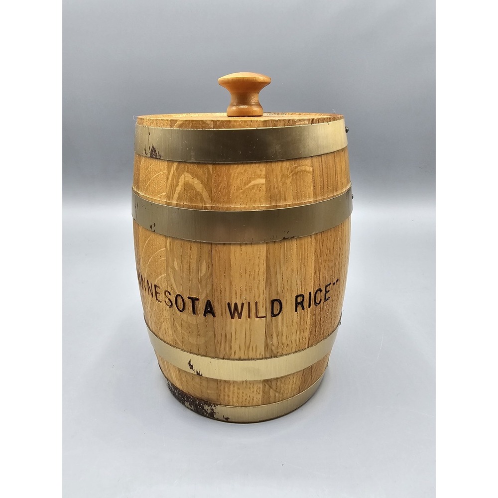 Vintage‎ Minnesota Wild Rice Wooden Brass Barrel Storage Coin Container W/ Lid